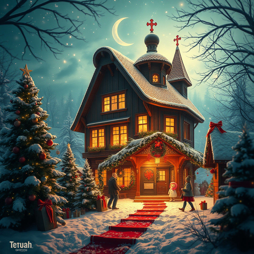 Enchanted Holiday Scene in Vintage Postcard Style