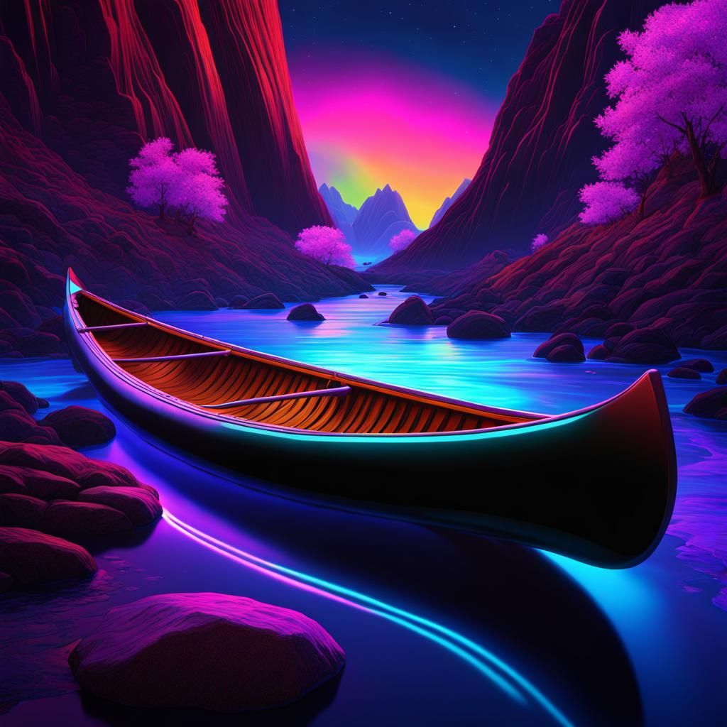 Luminescent Canoe on Flowing River in Black Light Art
