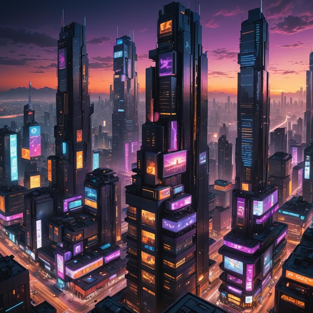 Cyberpunk Megacity Sunset from Futuristic Apartment