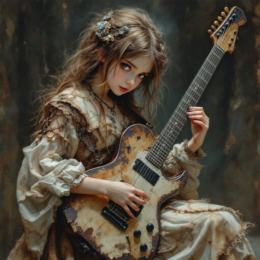 an adorable cute girl holding an Electric Guitar wearing leather old, Luis Royo, 16k resolution co...
