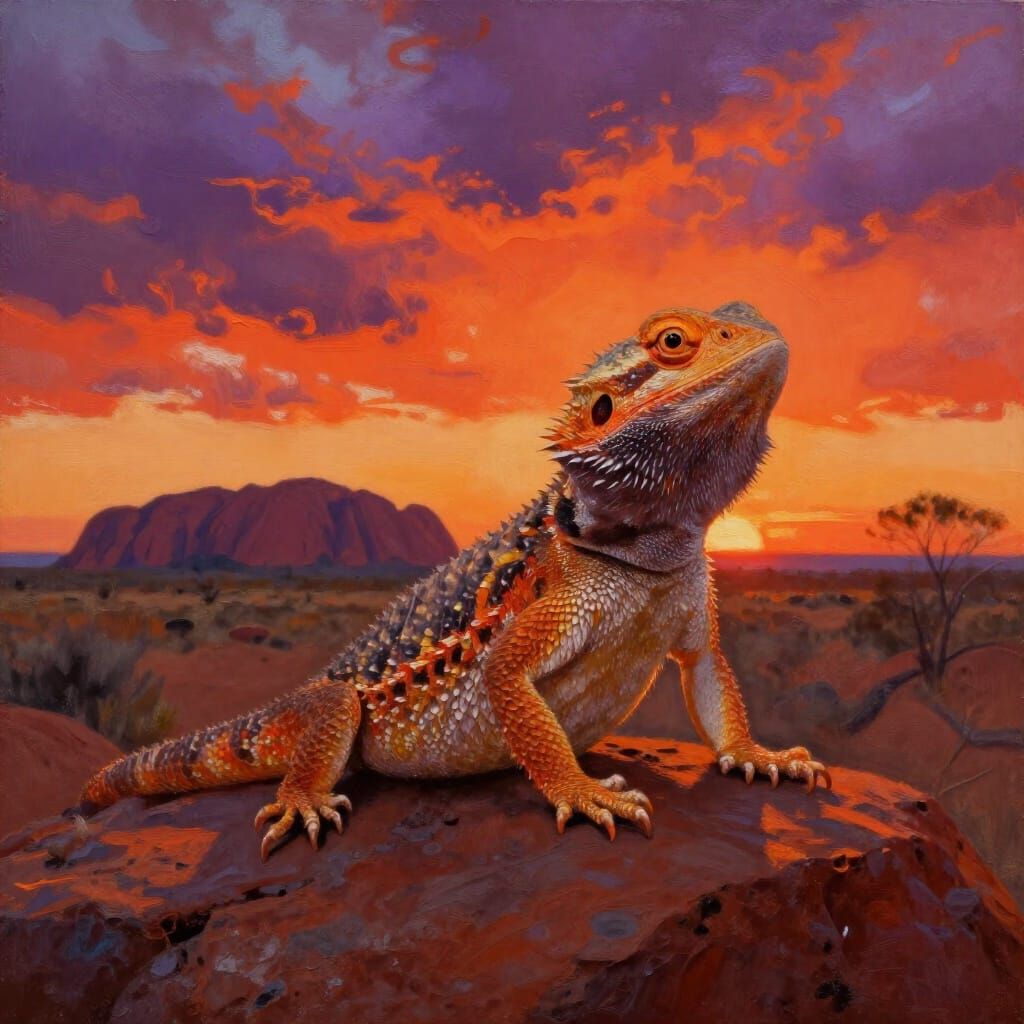 Bearded Dragon Before Ayers Rock Sunset Oil Painting