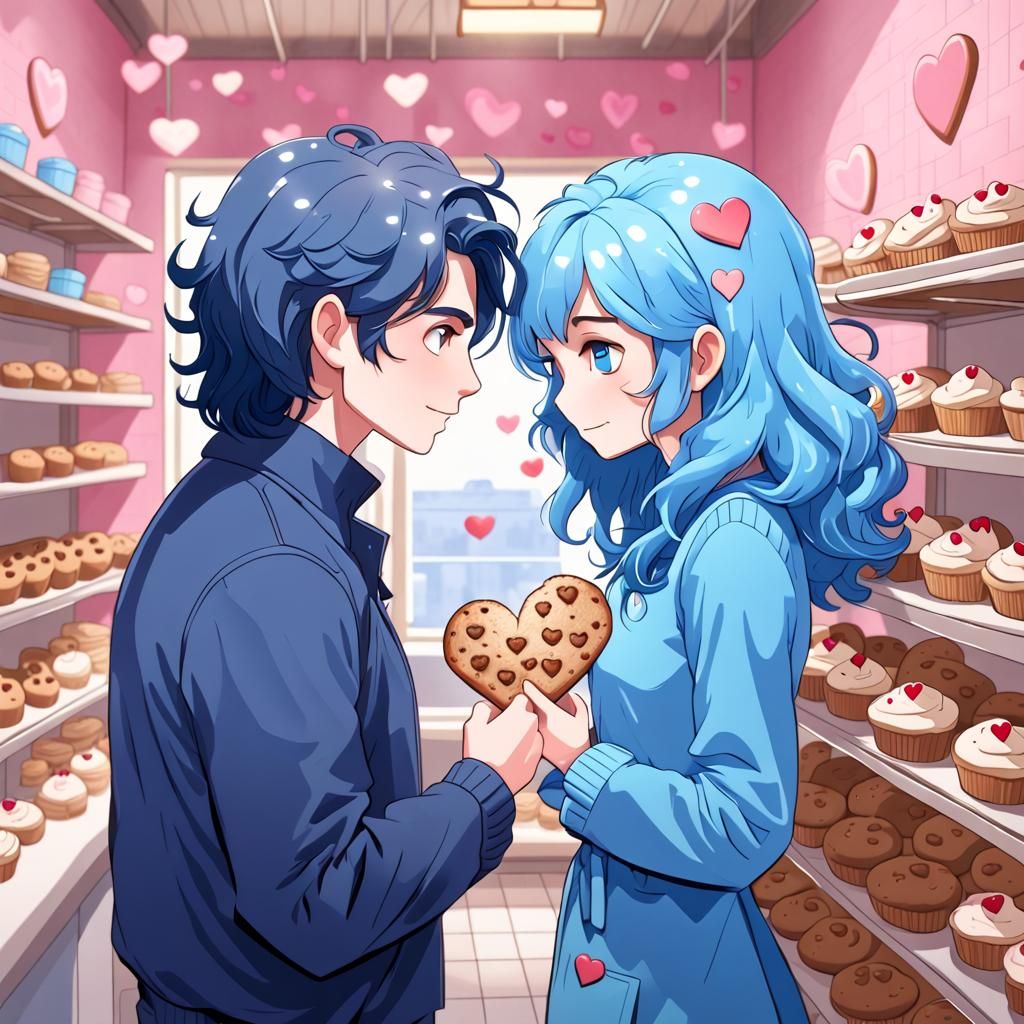 Sweet Couple in Blue Surrounded by Hearts