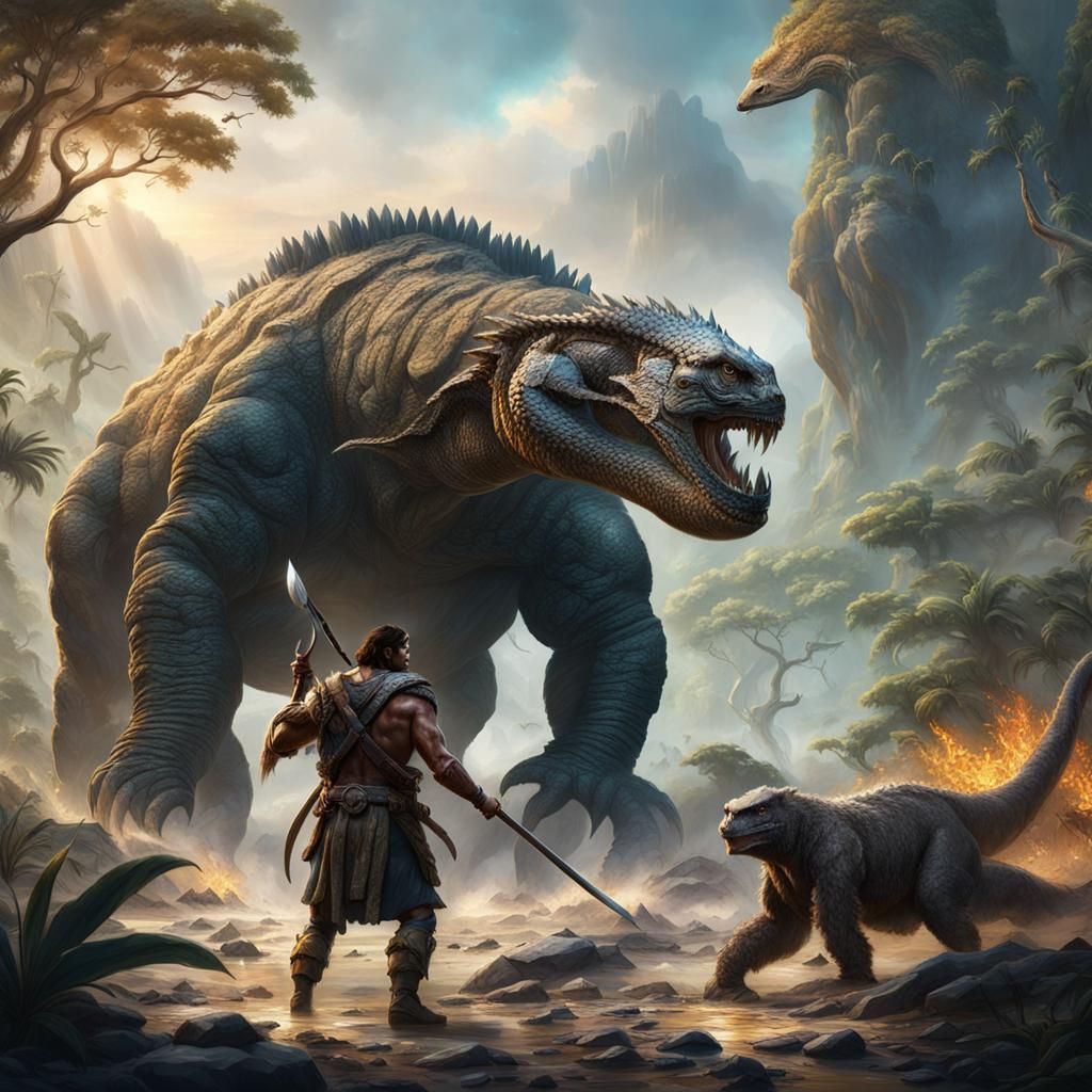 Stone Age Hunter and Giant Komodo Dragon