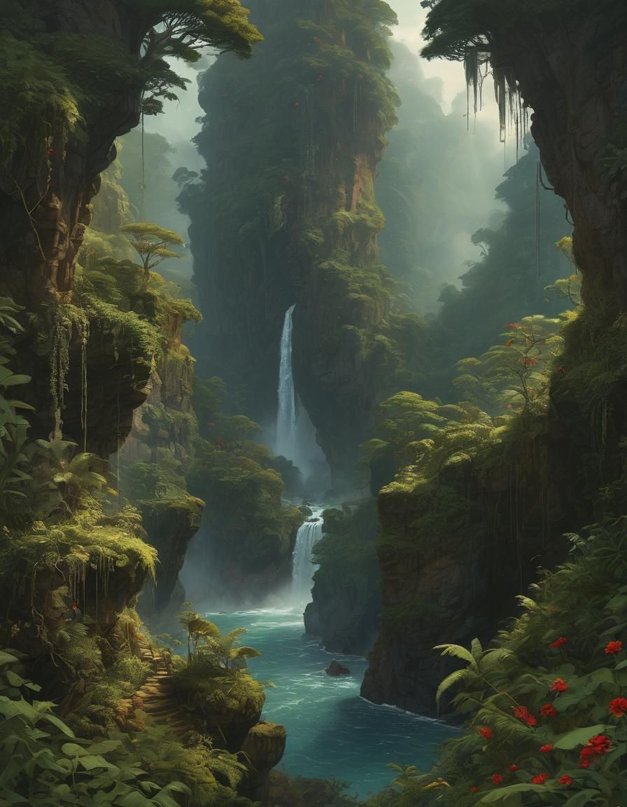 Majestic Waterfall Scene in Bierstadt Style