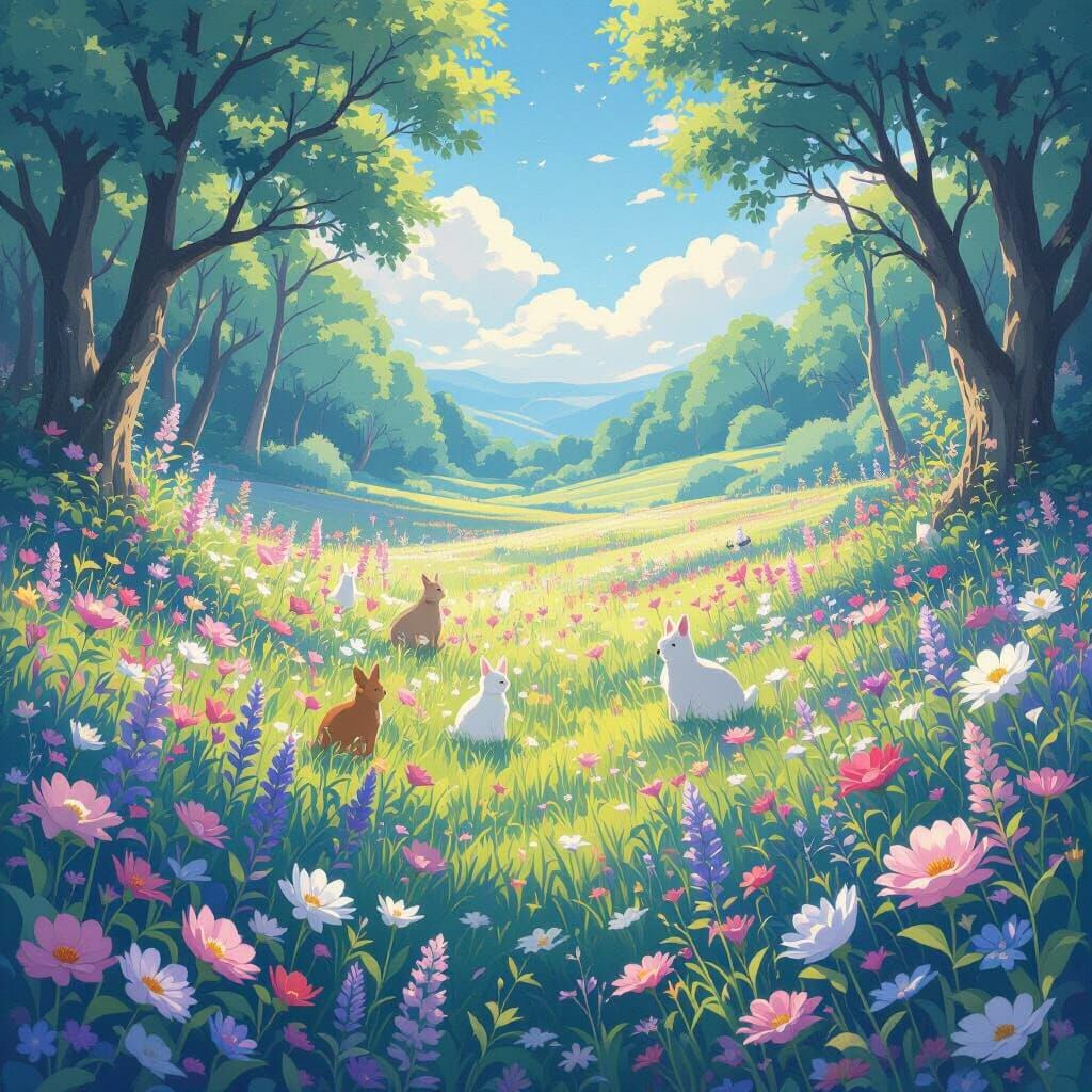 Enchanting Meadow With Mythical Creatures in Pastel Hues