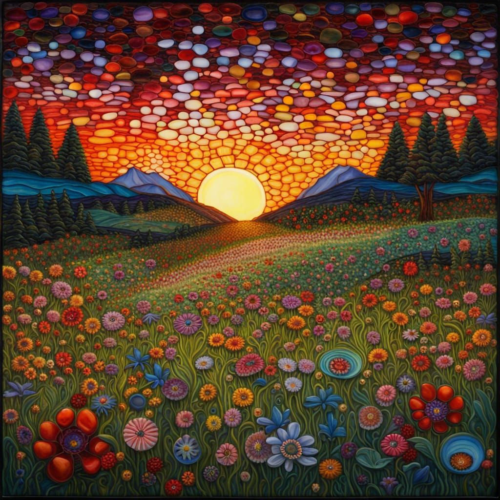 Surreal Flowery Meadow in Encaustic Vasarely Style