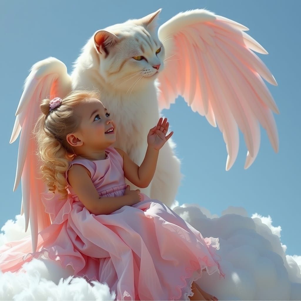 Child in Pink Crystal Dress on Cloud with Majestic White Cat