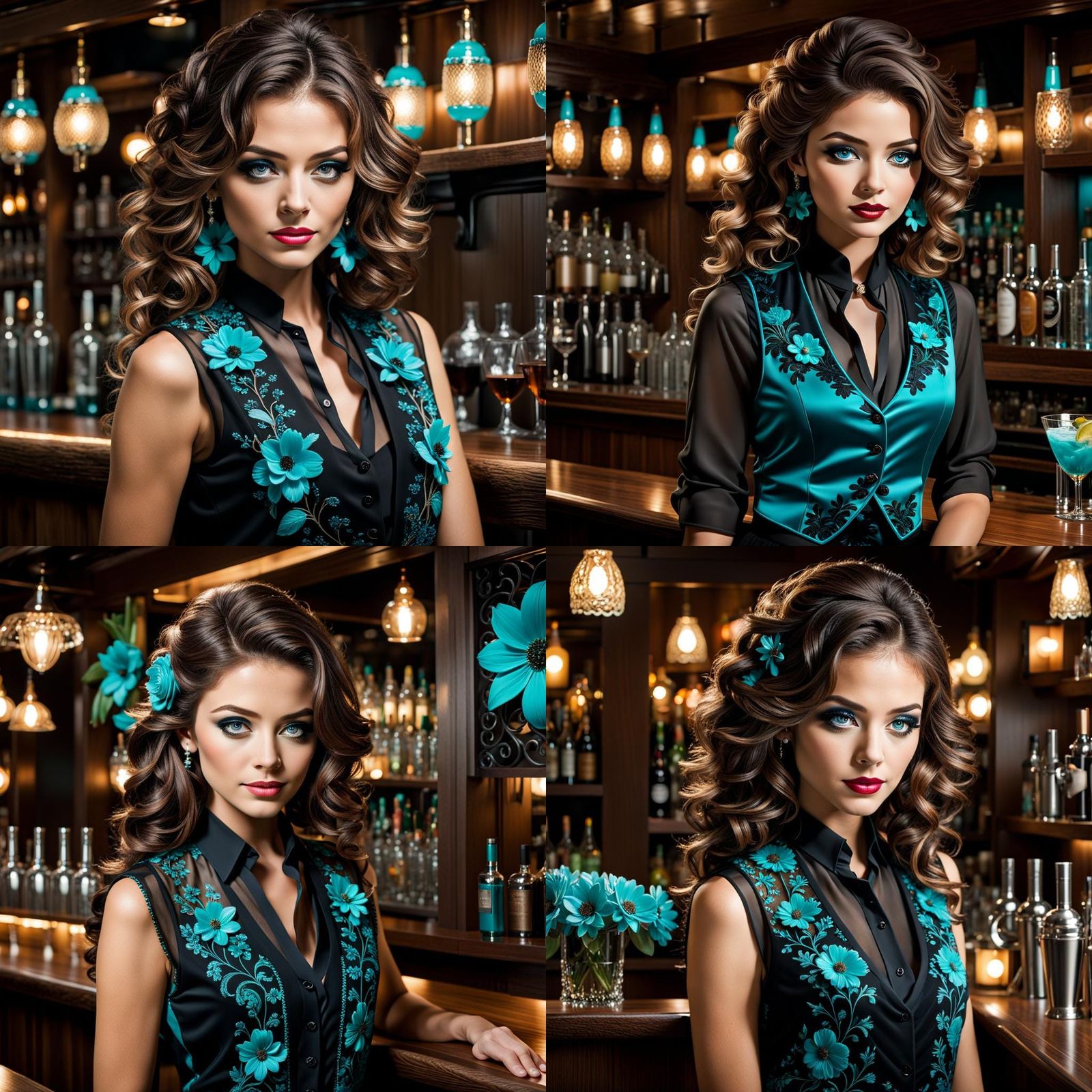 Beautiful Bartender with Turquoise Floral Vest