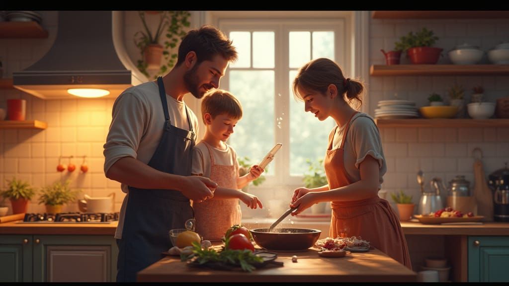 Magical Family Cooking Scene in Fantastical Matte Painting S...