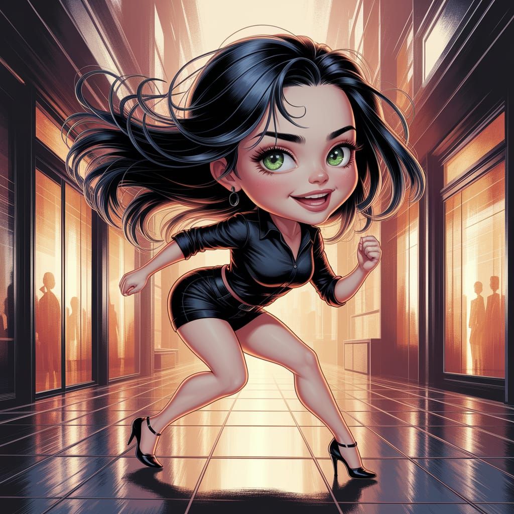 Chibi Super Woman in Fast Movement Oil Painting
