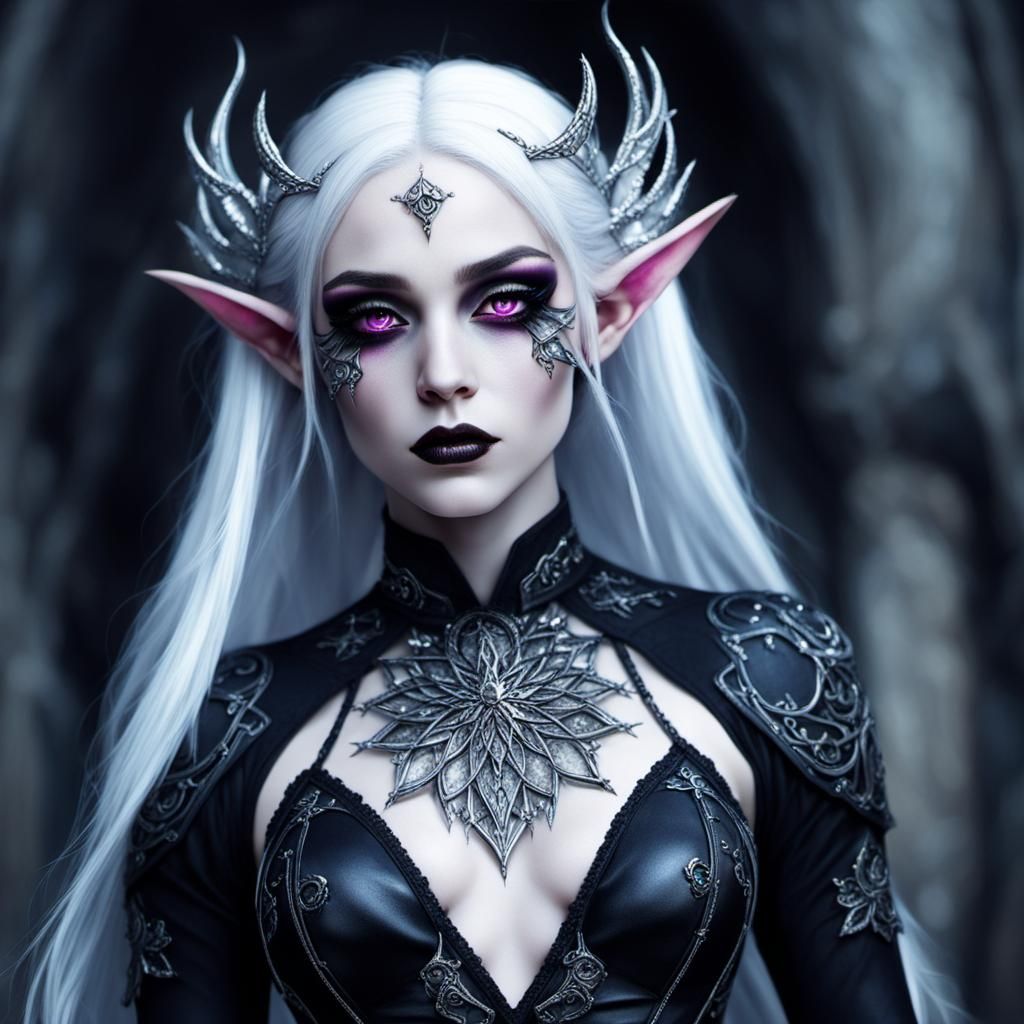 Gothic Astral Elf with Platinum Hair and Rubellite Eyes