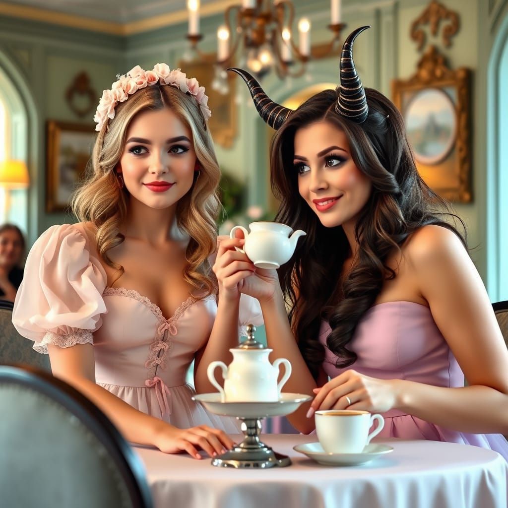 Victorian Era Debutant and She Devil Share Tea in Elegant En...