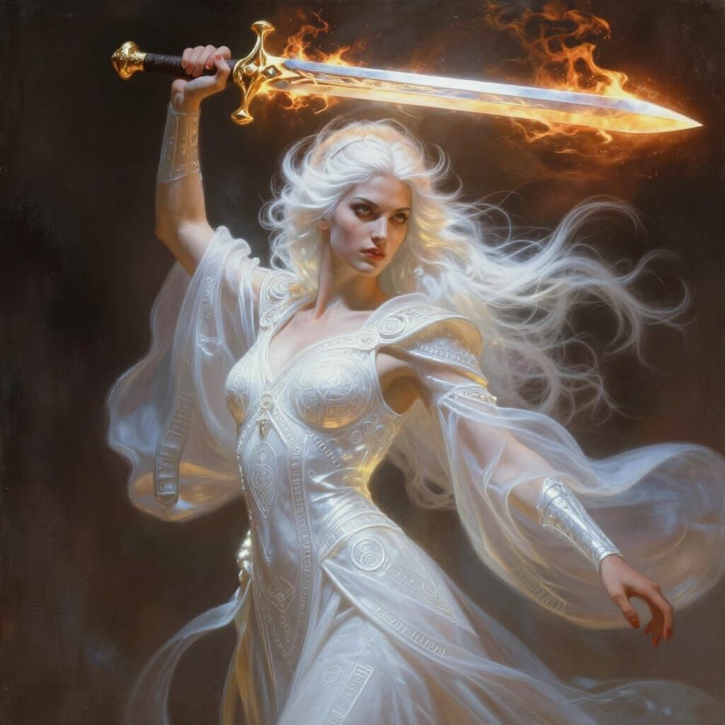 Radiant Warrior Goddess with Flaming Sword