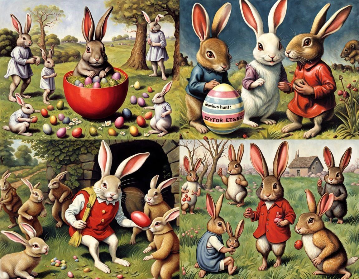 Whimsical Easter Egg Hunt Scene in Watercolor Style