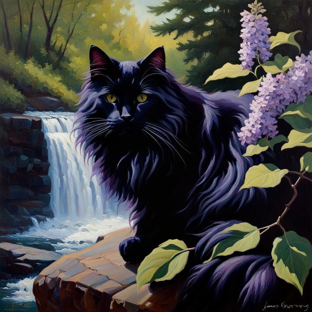 Black Cat with Lilacs in Old Master Style