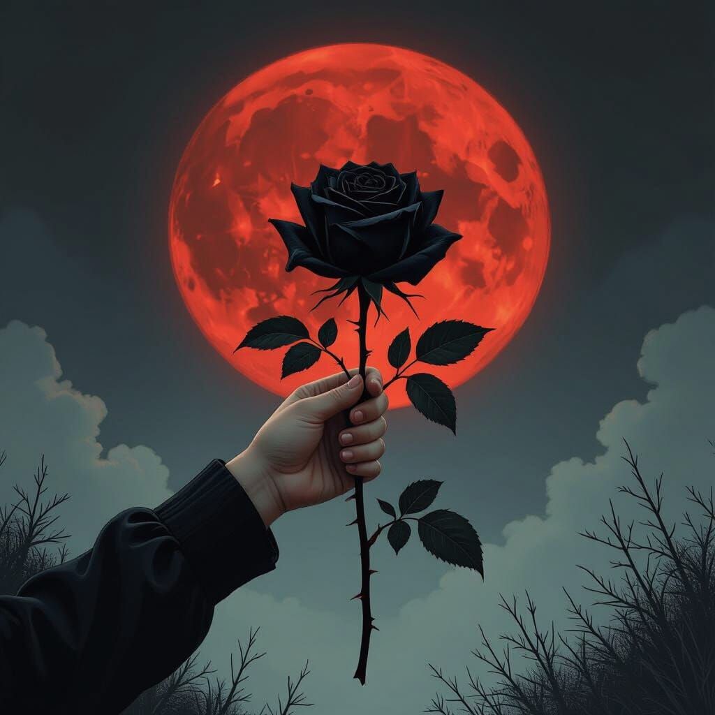 Boy's Hand Holds Dark Rose Under Blood Moon