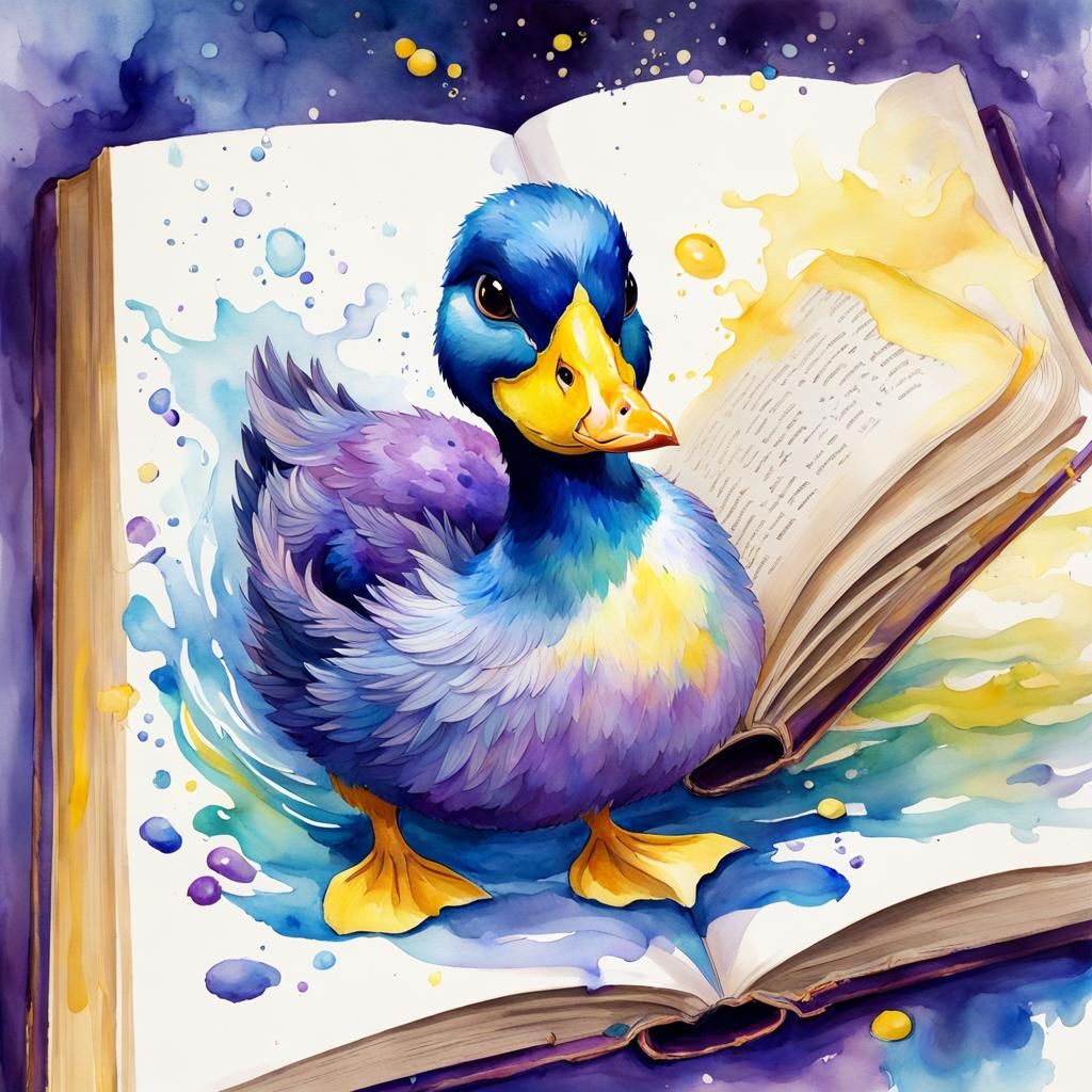 Mythical Duck Portrait in Watercolor Splash Art