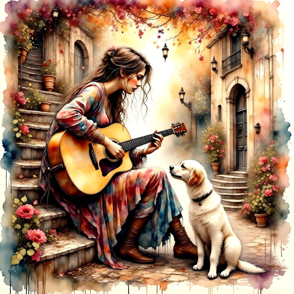 Beautiful Hippie Musician Girl in Italian Village Oil Painti...