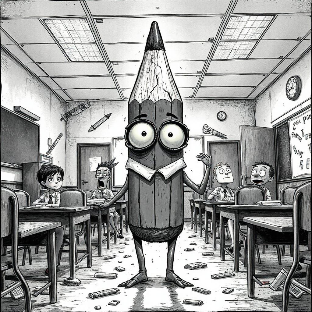 Frightened Pencil Runs Through Surreal Classroom