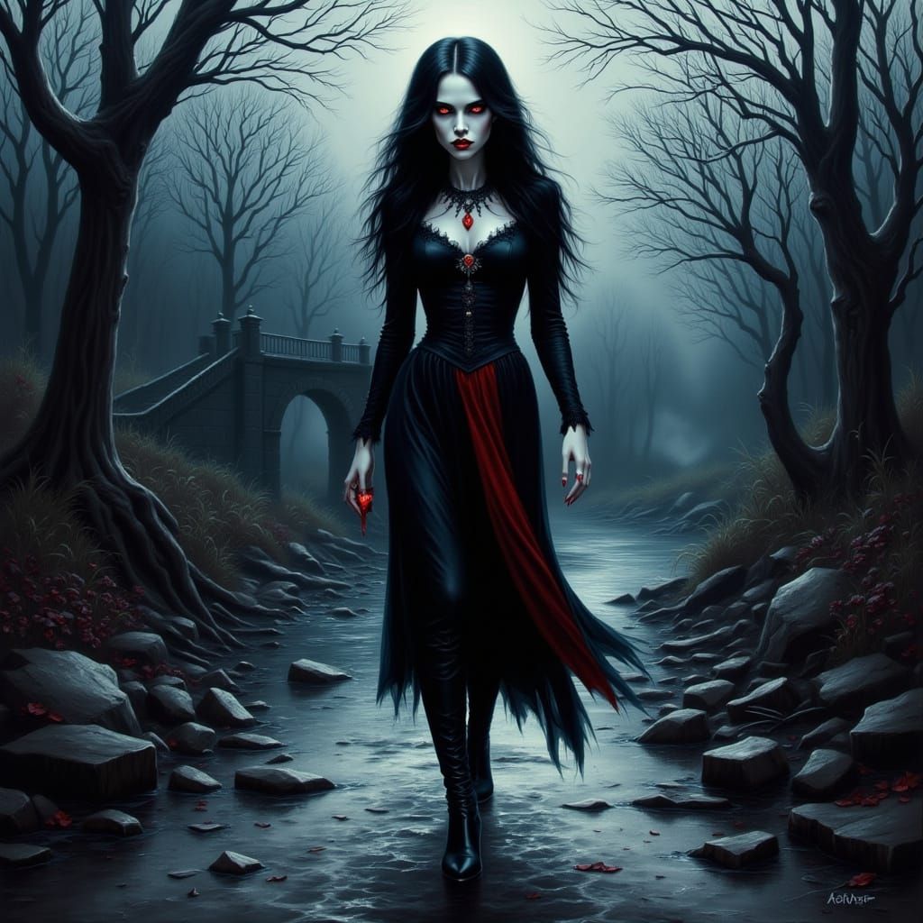 Gothic Vampire Woman on Dark Road Fairytale Illustration