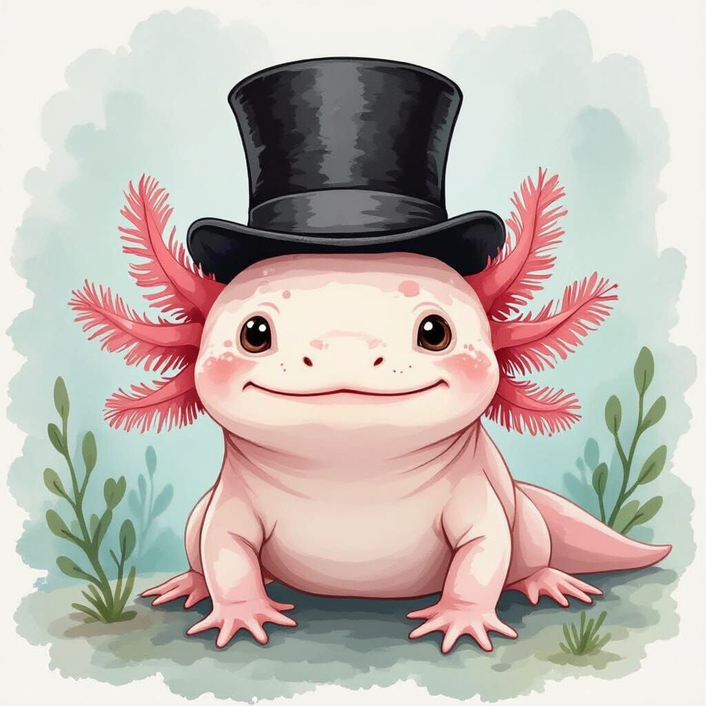 Whimsical Watercolor Axolotl in Tophat
