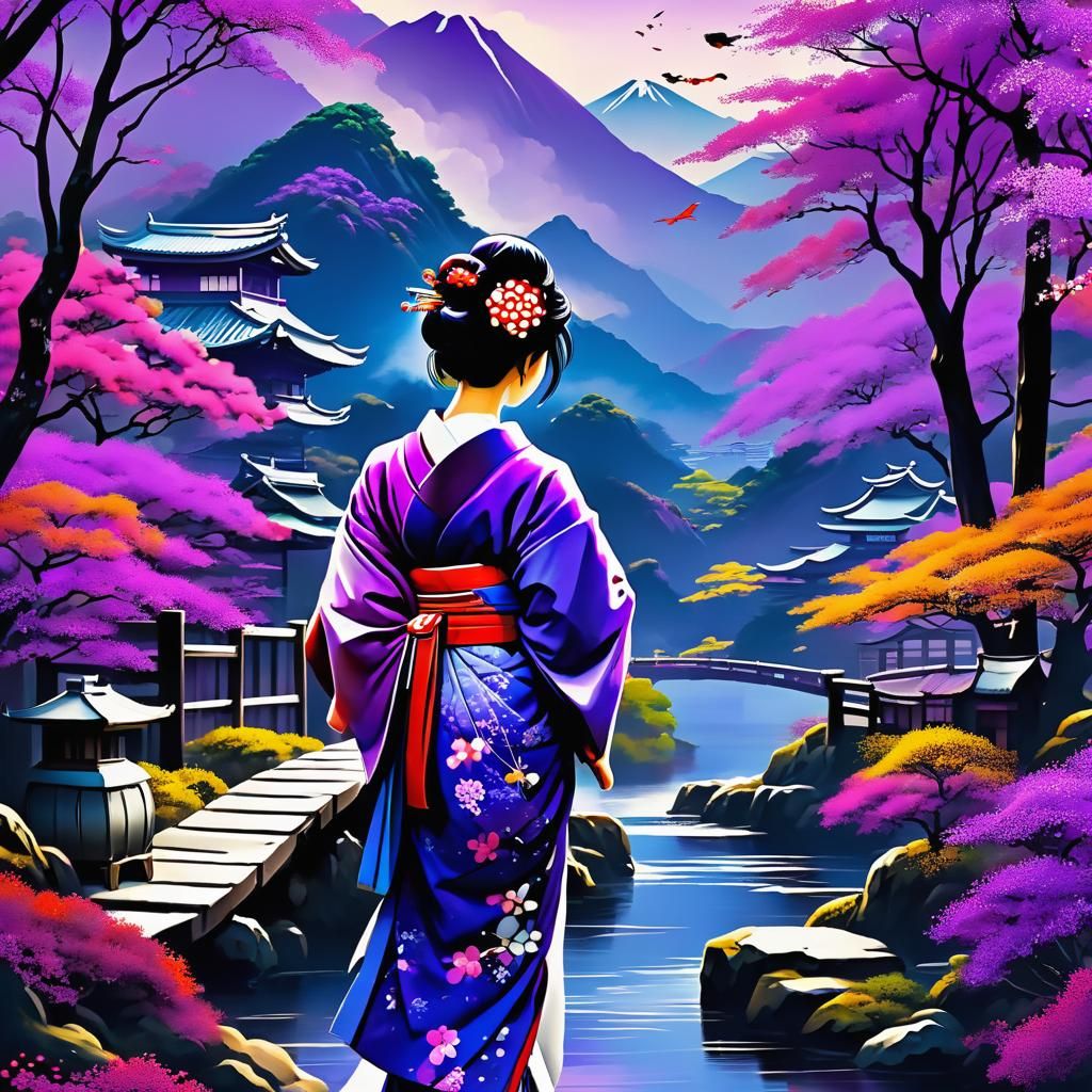 Colorful Geisha in Japanese Scenery