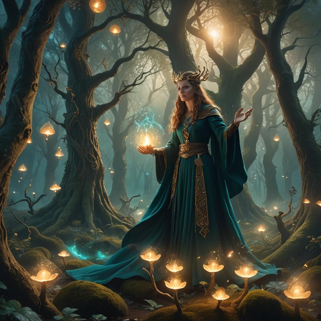 Mystical Sorceress Casting Spell in Forest