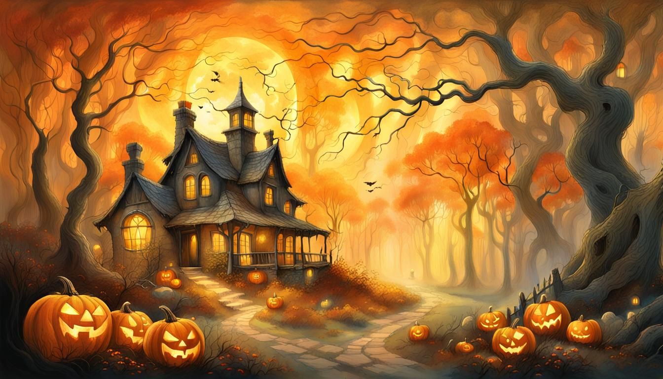 Halloween Village in Autumnal Fantasy Landscape