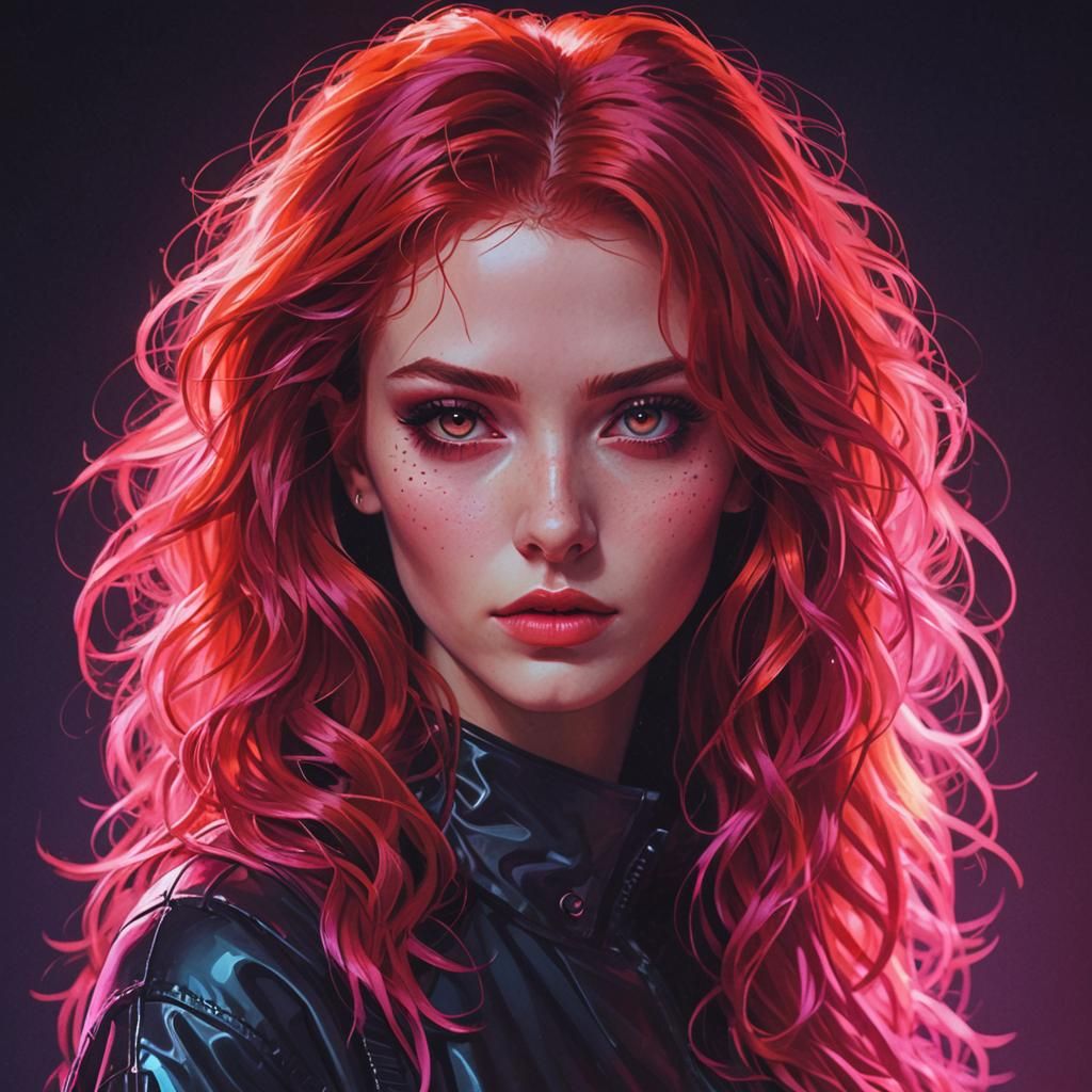 Girl with Crimson Hair in Synthwave Style
