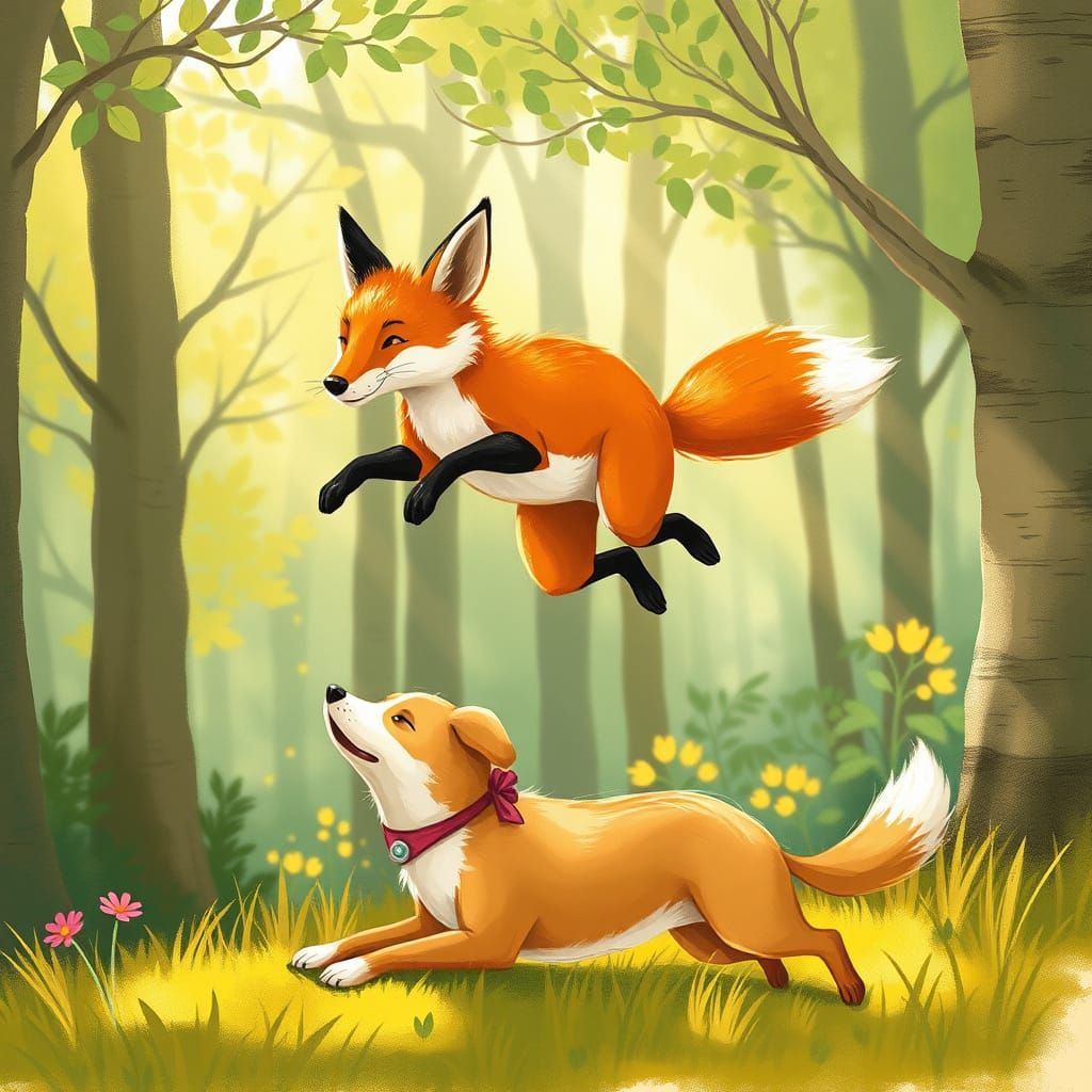 Whimsical Fox Leaps Over Languid Dog in Sunlit Forest