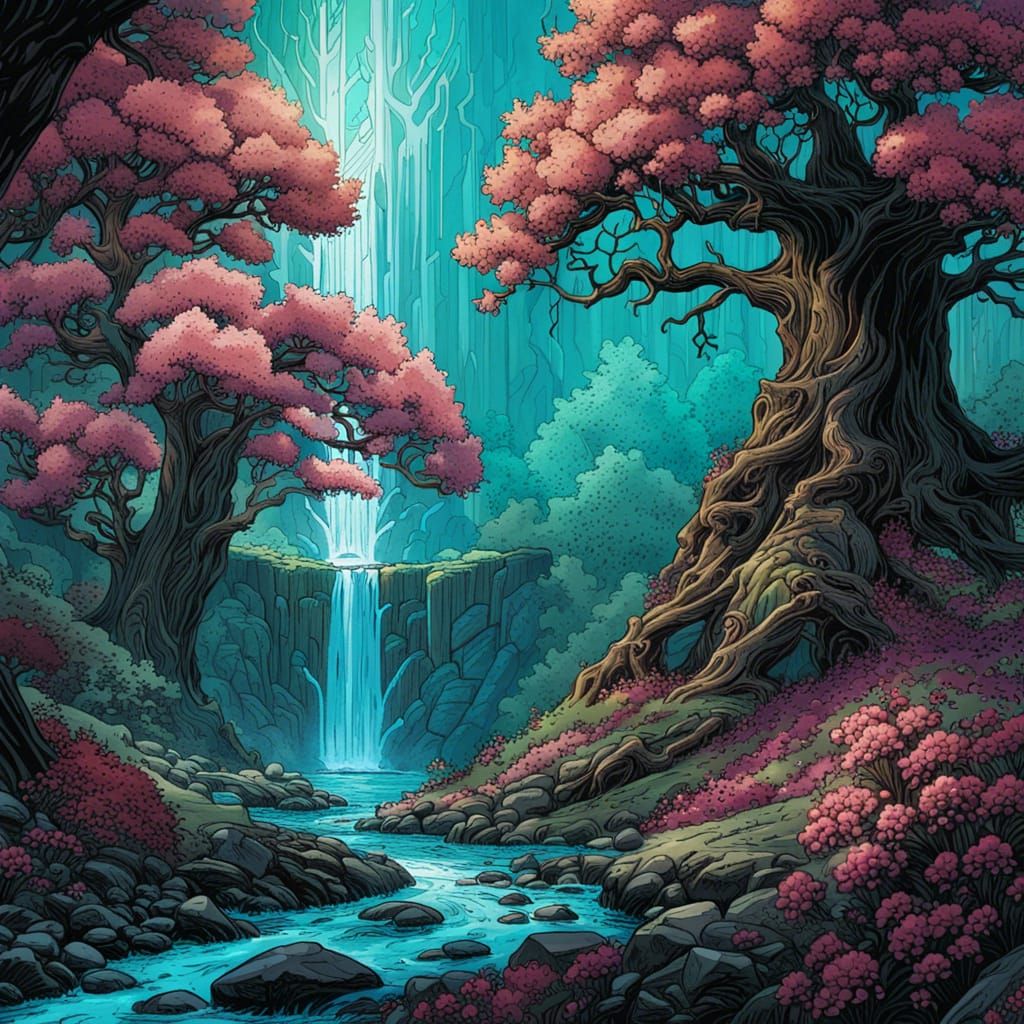 Magical Black Oak Forest with Turquoise Waterfall