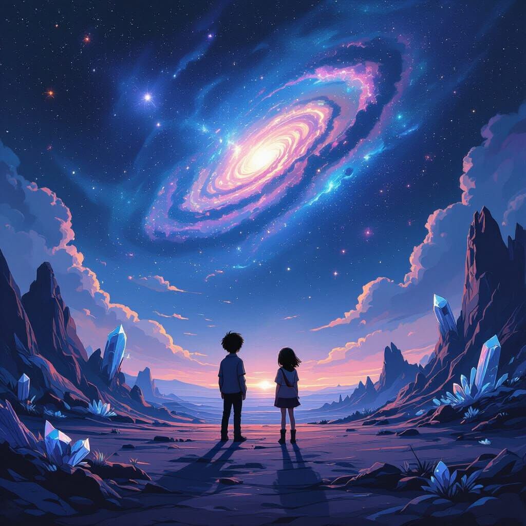 Anime Couple on Alien Planet Gazing at Cosmic Nebula