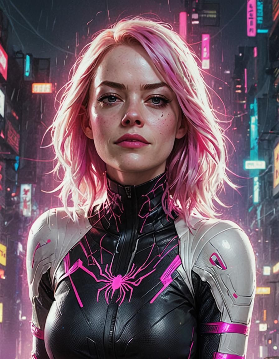 Emma Stone as Spidergwen in Cyberpunk Style