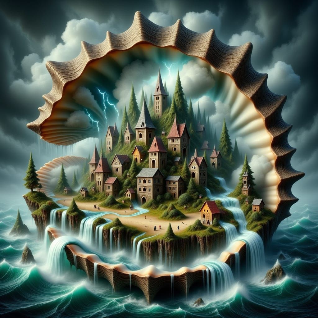 Surreal Seashell Village Under Stormy Skies