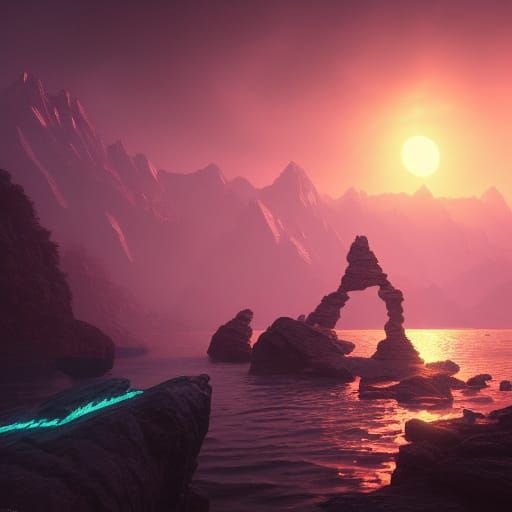 Glowing Rocks Balance in Lake Sunset: Detailed Concept Art