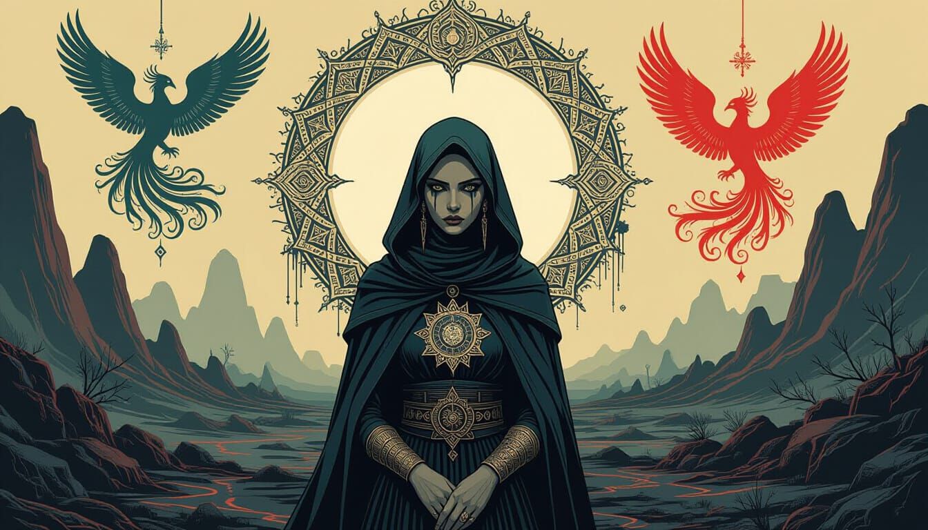 Post-Apocalyptic Woman with Phoenix Symbols in Gothic Art