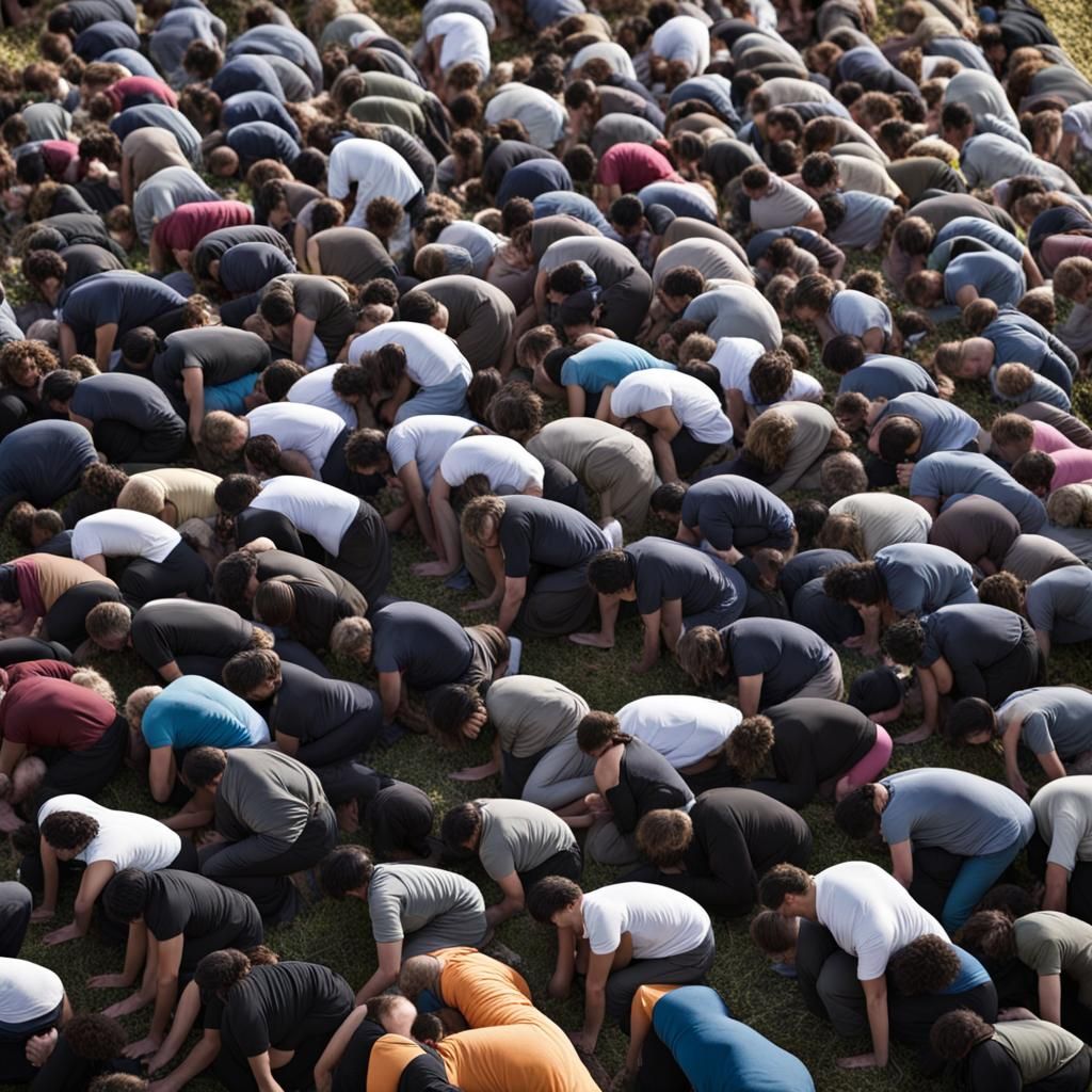 Submissive Crowd Kneeling and Hunched Over