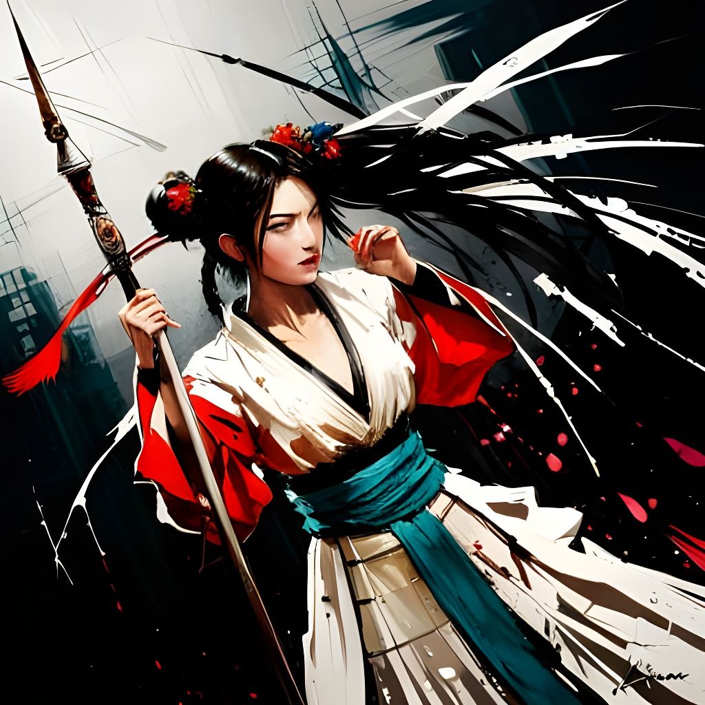 Detailed Anime Warrior Woman in Oil Painting Style