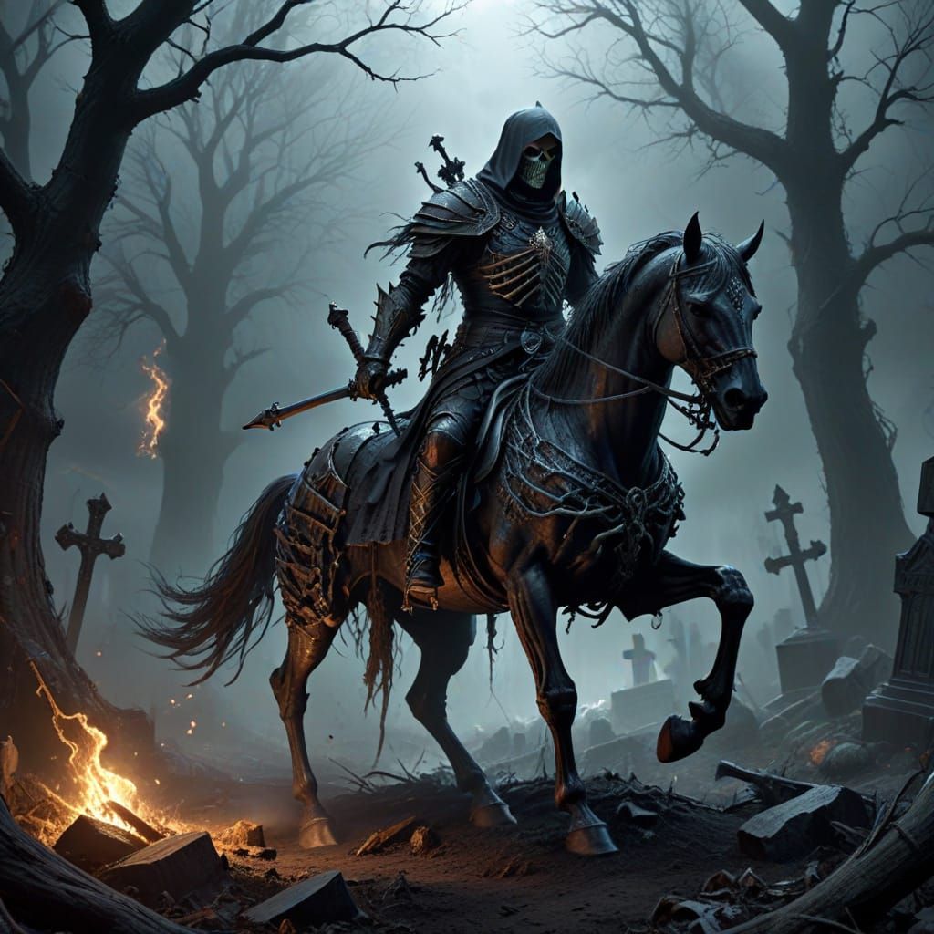 Spectral Knight on Skeletal Steed in Foggy Graveyard