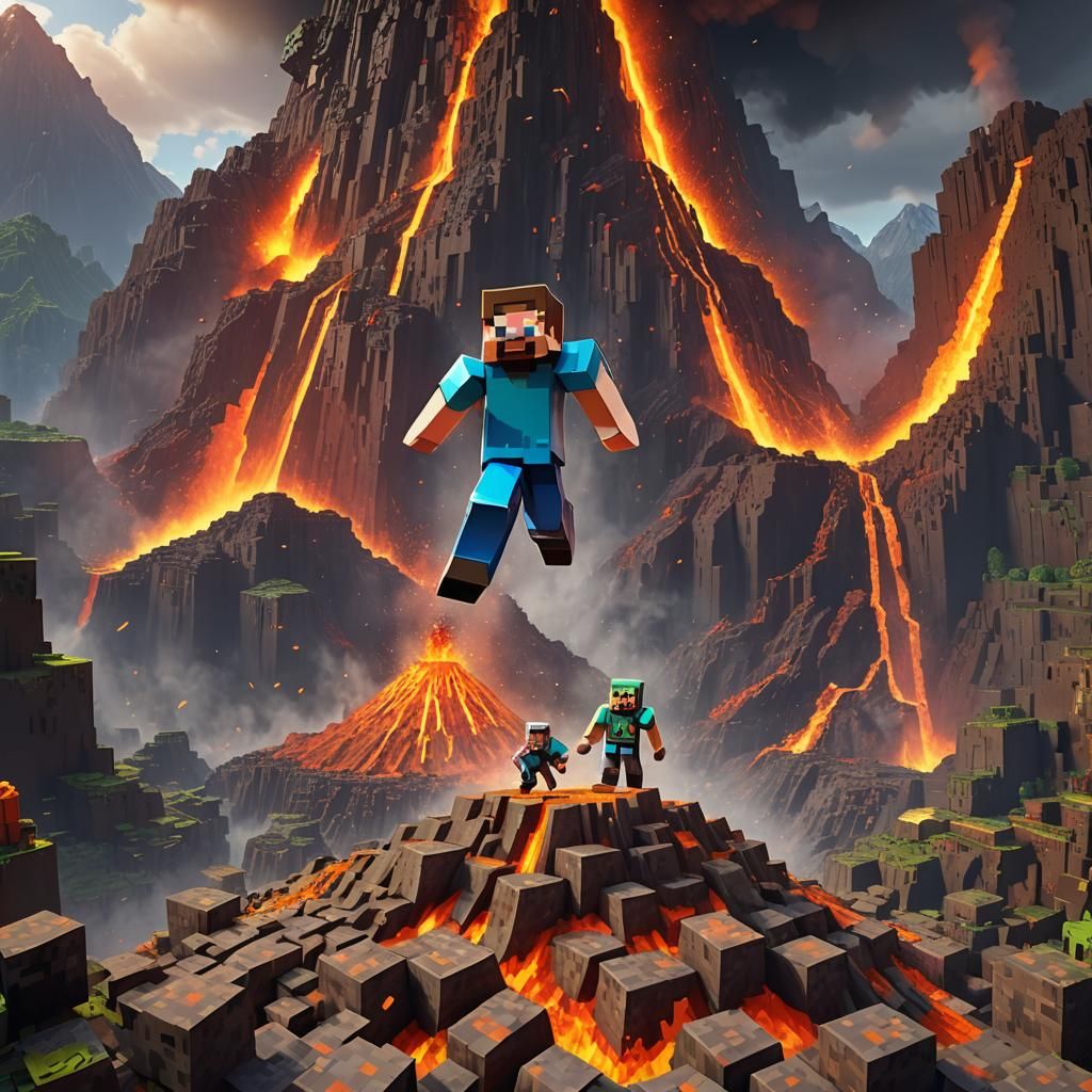 Minecraft Steve Volcano Jump: Detailed Fantasy Art