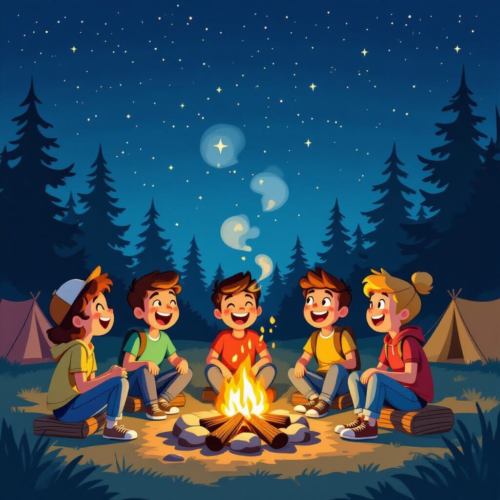 Cartoon Campers Laughing Around a Campfire at Night