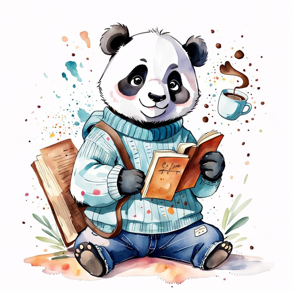 Cartoon Panda in Watercolor Sketch Style