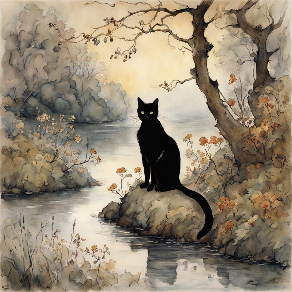 Black Cat Over Misty River: Watercolor Art