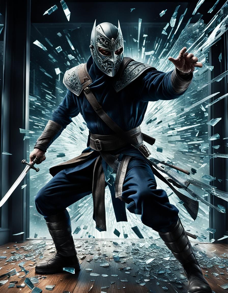 Masked Vigilante Breaks Through Glass with Sword