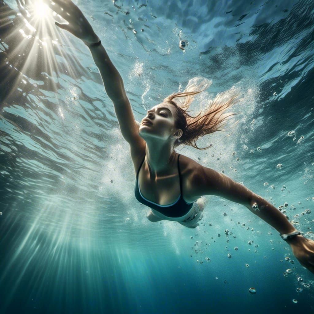 Underwater Woman High Diving in Soft Light