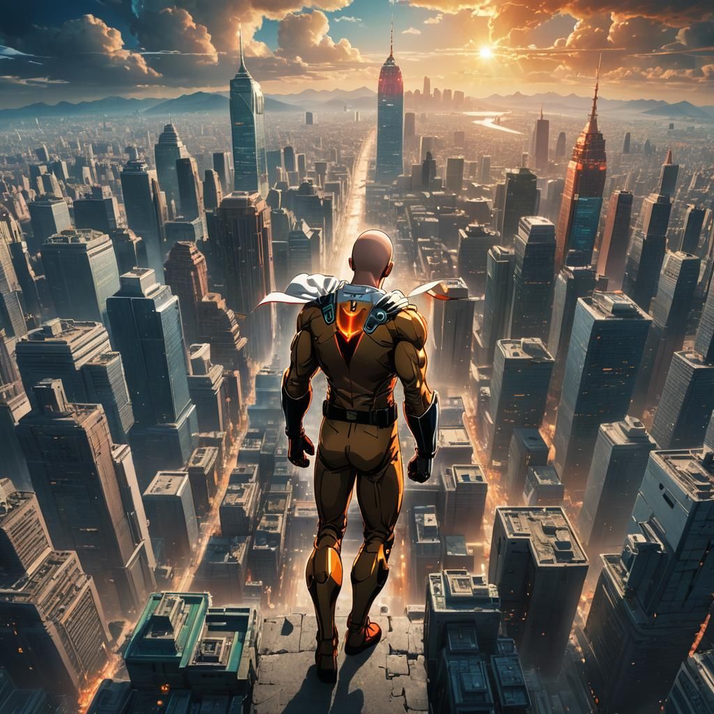 Heroic One Punch Man in Bustling Metropolis