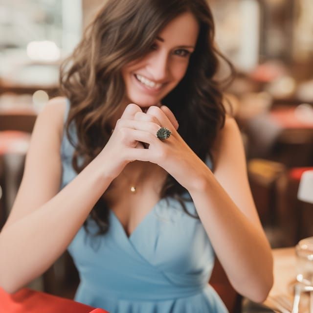 Smiling Woman with Diamond Ring at Restaurant