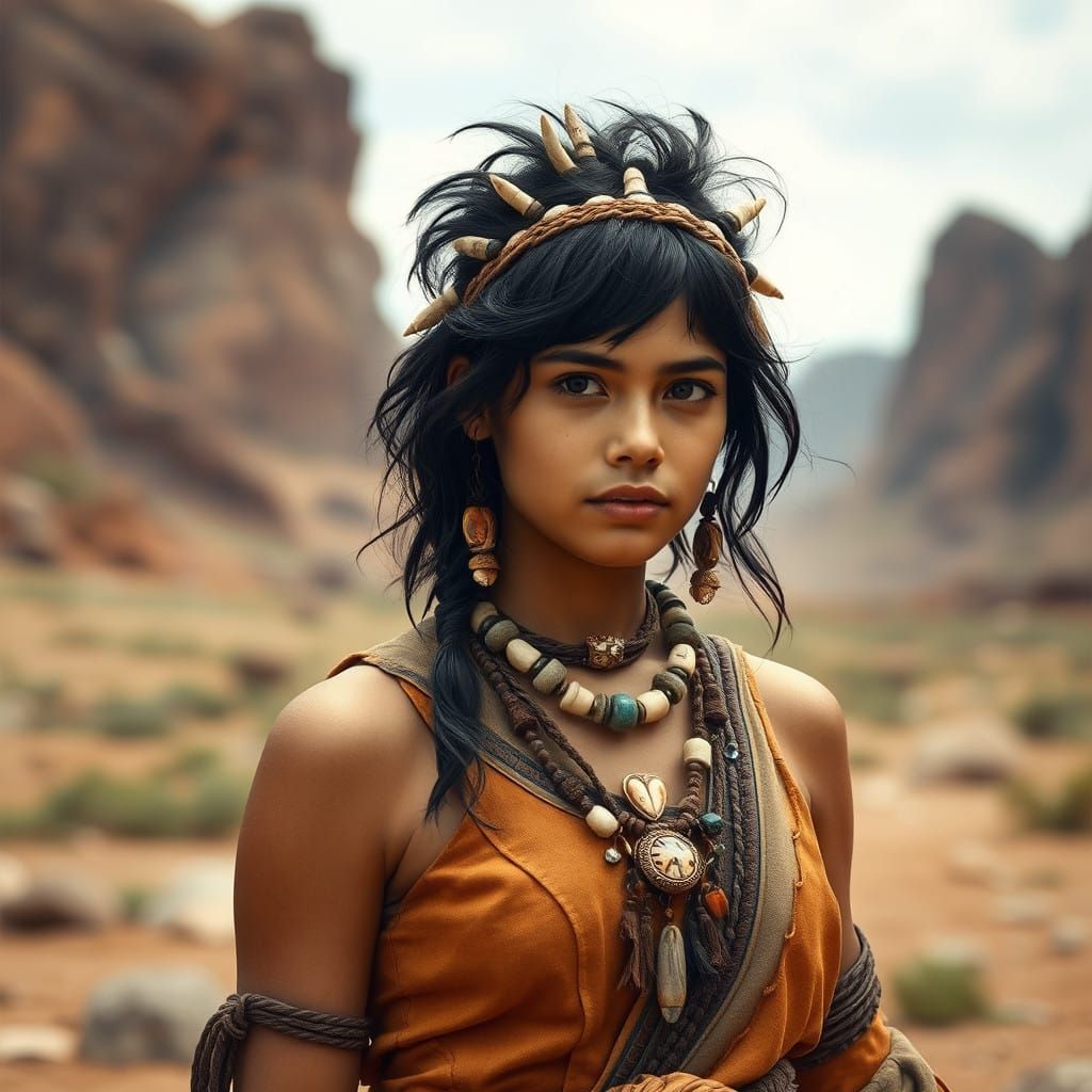 Beautiful woman dressed in 18000 B.C. fashion and wearing hairstyle 180000 B.C., detailed matte painting