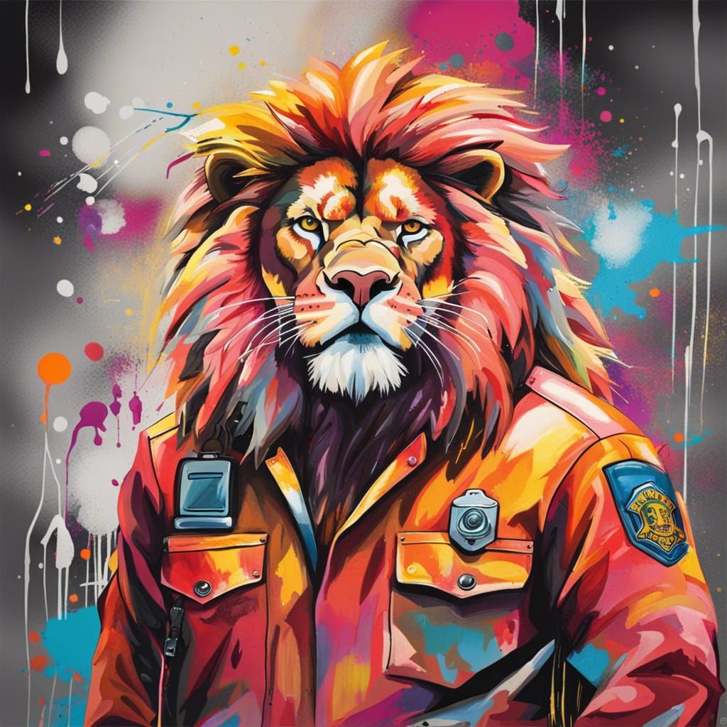 Lion in Firefighter Outfit as Graffiti Art
