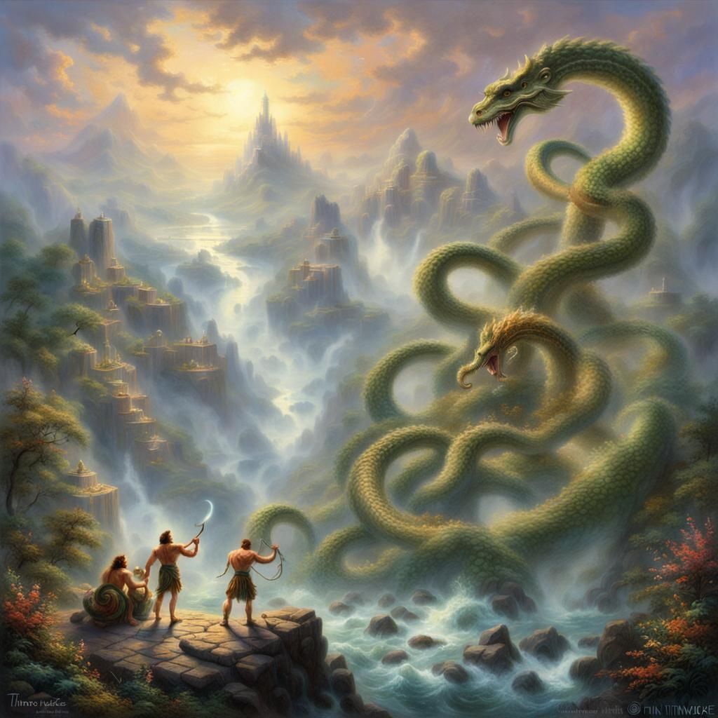 Hercules Confronts the Hydra in Ethereal Fantasy